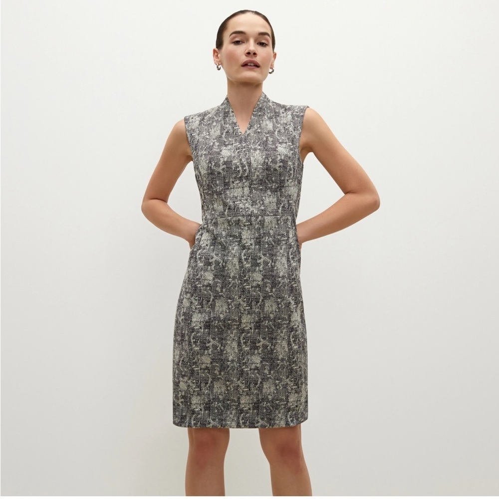 Mm. Lafleur Aditi Ivory Black Crackle V-Neck Sheath Dress Sz 12 Career Event EUC